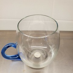 Delicate Glass Mug Blue Handle Made in Romania Vintage Roumania Sticker 4″ tall