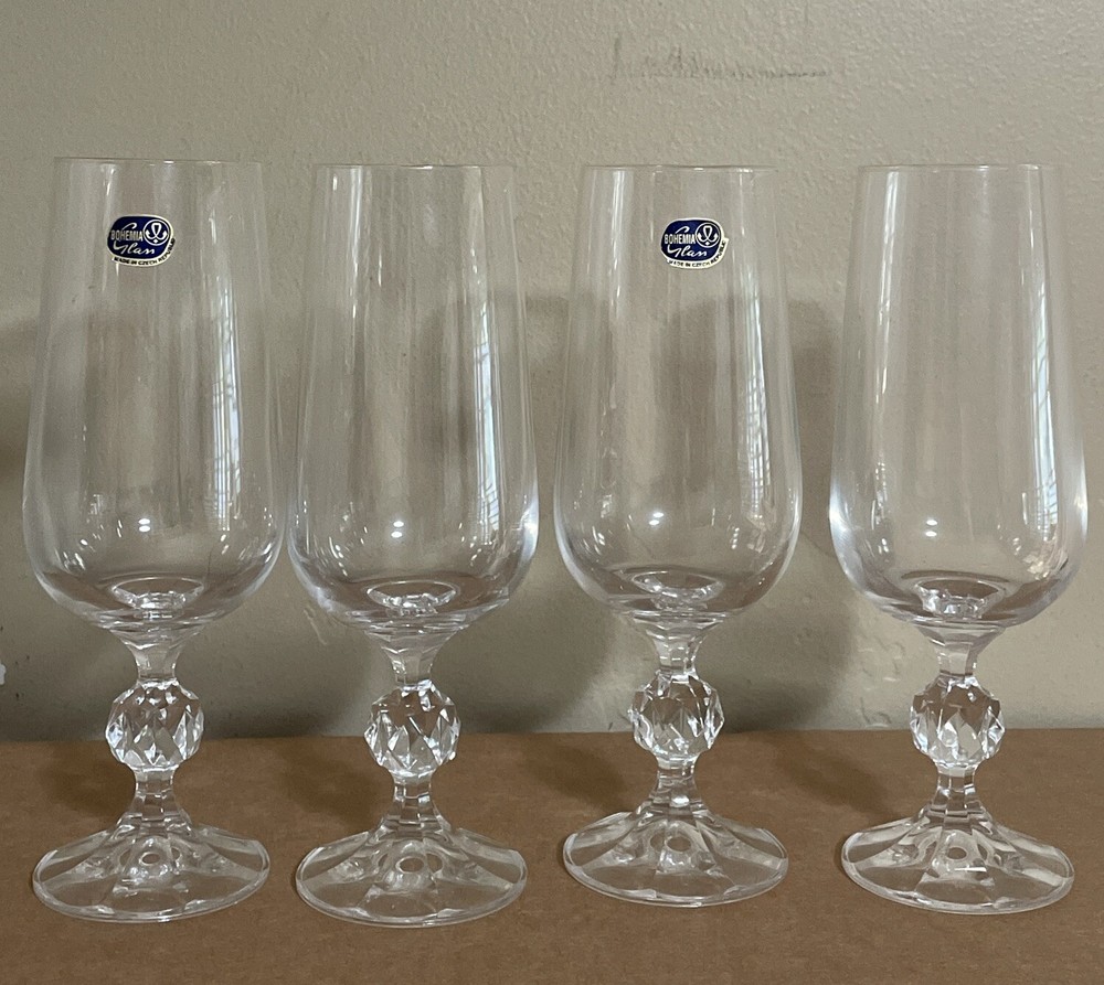 Set of 4 Bohemia Fine Lead Crystal 10oz Wine Champagne Flute Glasses Czech Repub