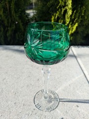 Vintage Bohemian Crystal Wine Glass Cut to Clear Emerald Green Grapes Goblet