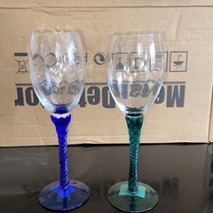 Vintage Swirl Stem 8” Tall Wine Glasses Colbalt Blue And Emerald Green