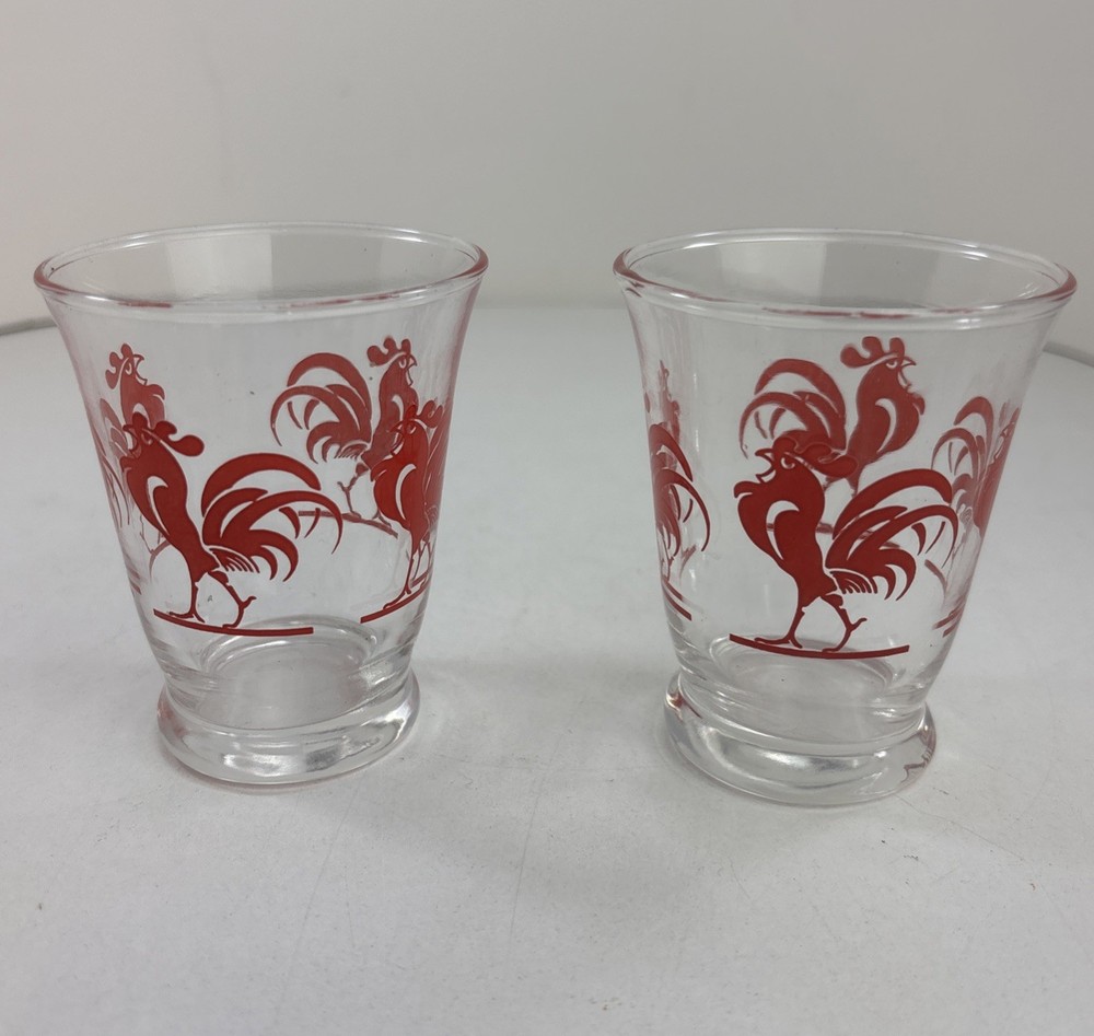Vintage Red Rooster Double Shot Or Juice Set Of Two Glasses, By Libbey 1950’s