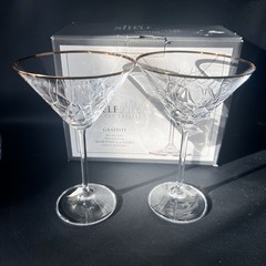 Set of 2 Top Shelf Graffiti Hand Cut Crystal Martini Glasses Clear w/ Gold Rim