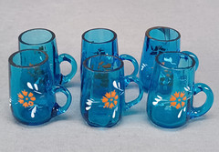 Set of 6 Bohemian Hand Enameled Orange Floral Blue Glass Cordials C. 1890s