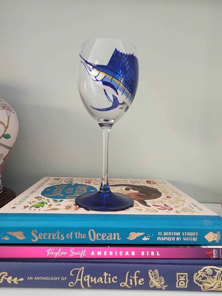 Hand painted marlin sailfish sport fish wine glass Nautical Fish