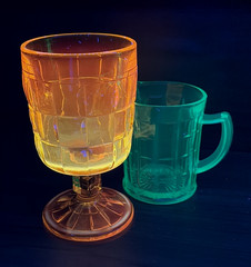 Viking Basket Weave Water Goblet 7″ Yellow Cadmium Glass Orange UV Reactive Glow