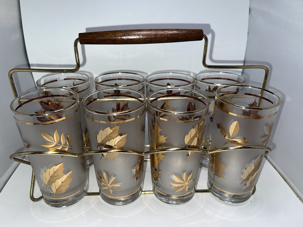 Vintage MCM Libby Golden Foliage Frosted Glasses Set Of 8 With Metal Caddy Leaf