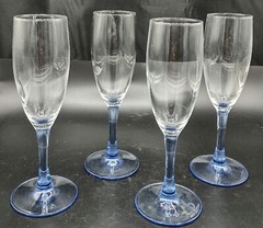 Vtg Cristal D’Arques-Durand Clear W/ Blue Azure Stem Champagne Flutes (4)