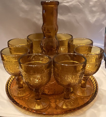 Indiana Glass Tiara Amber Pressed Glass Nine-Piece Goblet Decanter Tray Set