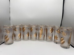 Set of 8Vintage (MCM) Libbey Highball Frosted and Gold Leaf Glasses 5-1/2″ Tall