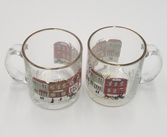 Set of 2 Christmas Village Snow Horse & Sleigh gold trim Glass 13oz Cup Mug USA