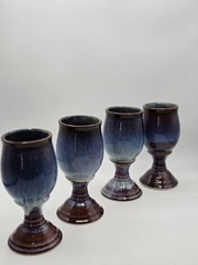Bill Campbell Studio Art Pottery Wine Goblets Chalices Blue Drip Glaze Set Of 4