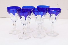 SET 6 BOHEMIAN CZECH CUT TO CLEAR CRYSTAL 5.5″ WINE GLASS GOBLETS Cobalt BLUE