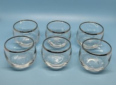 Set Of MCM Dorothy Thorpe Style Pitcher Decanter 6 Roly Poly Silver Trim Glasses