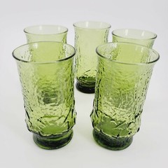 5 Vintage Piece Green Drinking Glass Set 5.5 Inch Tall Four Leaf Clover Design