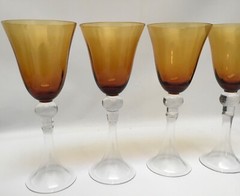 4 Gothic Style Amber Trumpet Stem Wine Glasses 9”