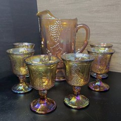 Indiana Glass Harvest Grape Carnival Pitcher Goblet Set Amber Iridescent