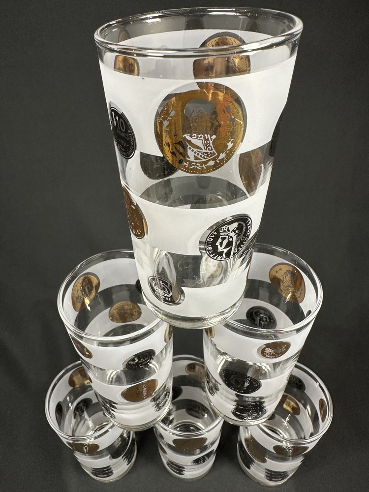 Vintage Libbey Coin Glasses Set of 6 MCM Gold Currency Tumblers Barware 5.5”