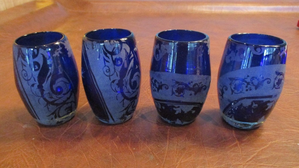 Vintage Blue Cobalt Glass Tumblers Etched With Bird And Flower Set Of 4