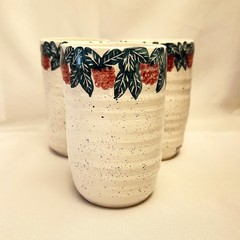 Handcrafted Vintage Pottery Cups Artisanal Hand Painted Leaf & Berry Signed 3 pc