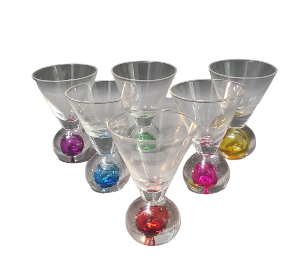 Vintage Set of Six Italian Art Glass Colorful Bubble Base Cordials, Shot, Snap,