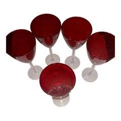 Vibrant Red Ruby 9 1/4 Wine Goblets With Clear Stems And Bases Set of 5