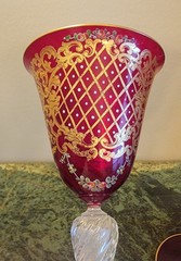 3 MURANO CRANBERRY HAND PAINTED BLOWN GLASS VENETIAN 24k GOLD LEAF STEM GOBLETS