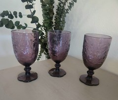 Princess House Fantasia Poinsettia Amethyst Footed 20 Oz Goblet GLASSES Set Of 3