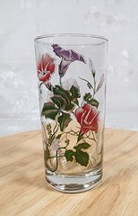 Culver Tall Drinking Glass Morning Glory Flowers Print Gold Multicolor 5.5″