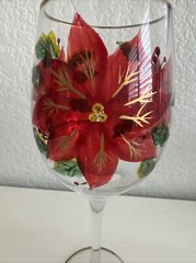 Crystal Hand Painted Poinsettias 1 Goblets w/Rhinestones & Gold Trim 9 1/2″