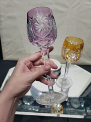 3 Wine Glasses Hocks Goblets Amber, Purple. & Red Cut to clear Crystal Buzzstars