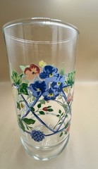 Set Of 6 Vintage 6” Water Glasses Blue Gate Fence Trellis W/ Flowers Vines MCM