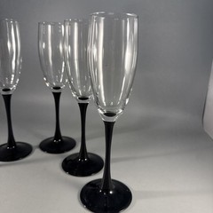 Set of 5 Clear Glass Champagne Flutes with Black Stems Tapered Glossy Finish 6oz