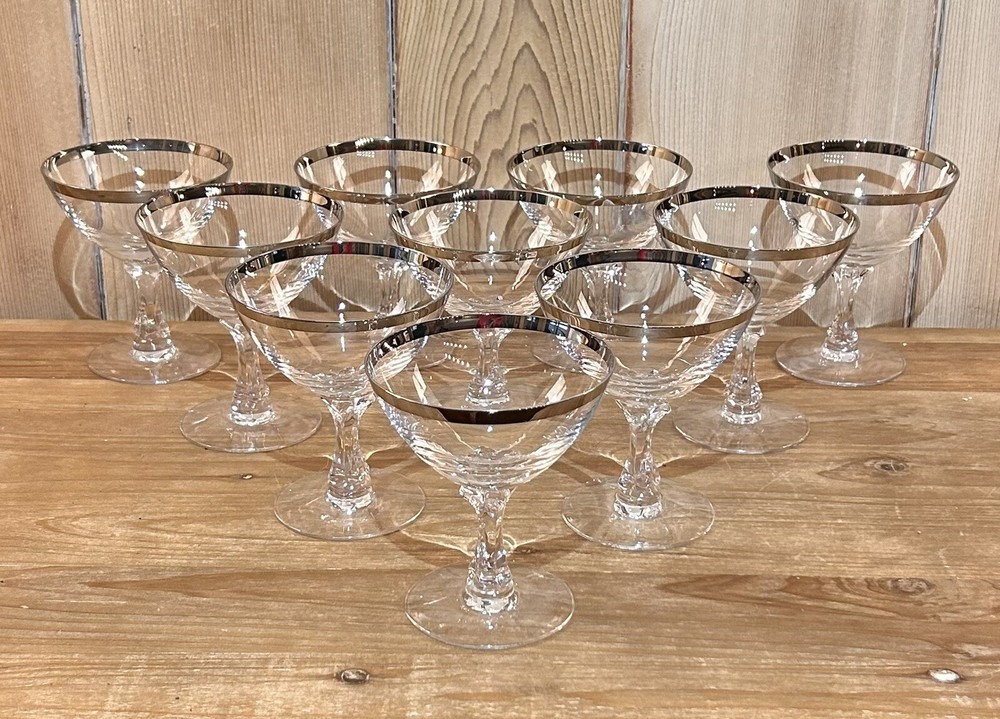 Fostoria Wedding Ring Set of 10 Sherbet Champagne Glasses 4.25″ tall Vintage