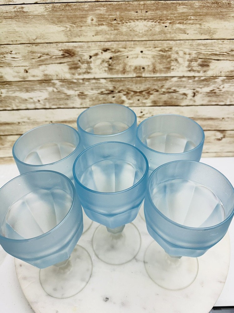6 Pcs Vintage Libbey Duratuff Gilbratar Goblet Sundae Tea Glasses Frosted Blue