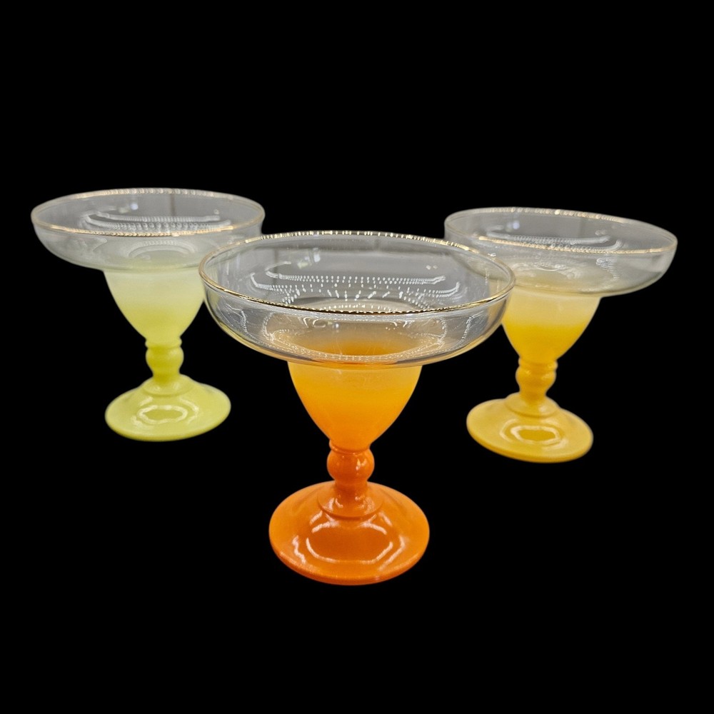 VTG Blendo Margarita Sherbet Glasses Sunset Yellow Orange Colors Gold Rim Set 3