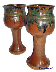 2 Art Pottery Goblets Rich Brown With Green Lava Glaze Handmade & Painted 6.5”
