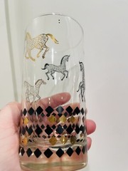 Set Of 4 MCM Clear Glass Tumbler Glasses With Black And Gold Horses Mid Century