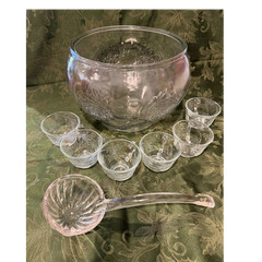 Vintage Clear Pressed Glass Round Punch Bowl Set with Cups and Ladle