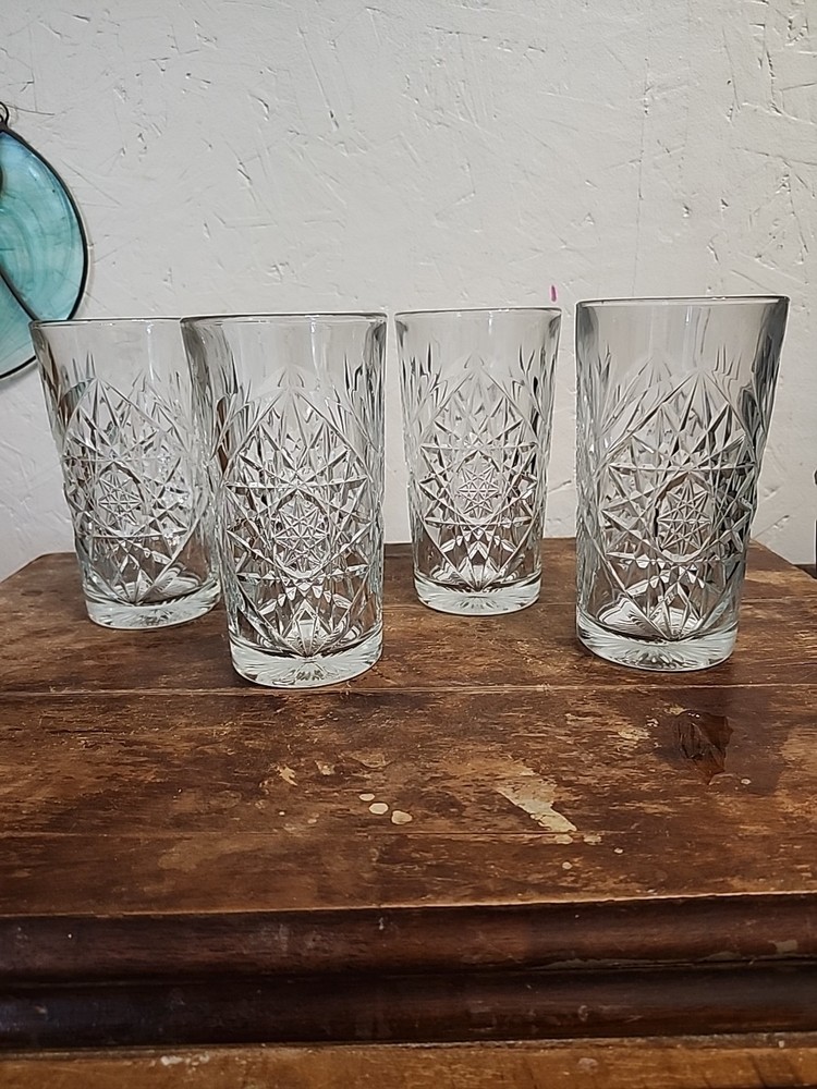 4 Vintage Libbey USA Hobstar Highball Star of David Glasses 16 oz Heavy Clear