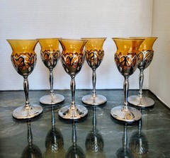 MCM Farber Bros ? Amber Blown Crystal Glass Liquor Cocktail Chrome USA -Set of 6