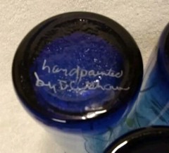 Set of 3 Hand Painted COBALT BLUE Glassed Highball Signed, D Gessel & Another