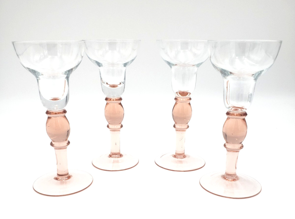 Elegant Vtg. Set of 4 MCM Hand Blown Glass Cordials Clear with Pink Stem & Base