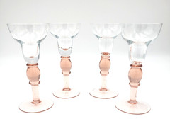 Elegant Vtg. Set of 4 MCM Hand Blown Glass Cordials Clear with Pink Stem & Base