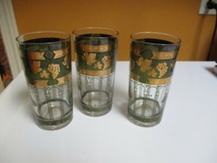 3- Vintage Cera Golden Grapes Green & Gold trim Grape Pattern High Ball glasses