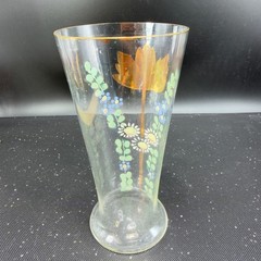 Antique Enamel Painted Floral Glass Tumblers Cups Tulip Daisy Gold Rim Set 3 VTG