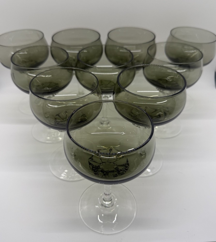 RARE Set of 10 Sasaki Coronation Crystal Smoke Gray Twisted Stem Champagne Glass
