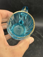 Antqiue Light Blue Mary Gregory Glass Hand Painted Tumbler Ribbed Gold Rim