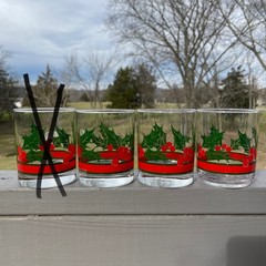 3 Christmas Glasses Libbey Holly Berry Red Band 4”H Double Old Fashioned Lowball