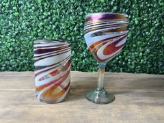 Set of 2 Mexican Hand Blown Red White Iridescent Swirl Wine Goblet and Glass