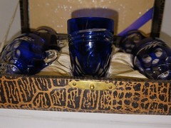 Vintage Cobalt Cut‑to‑Clear Crystal Demitasse Glasses-Boxed Set of 6–Bohemian